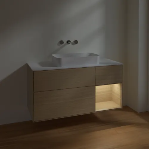 VILLEROY BOCH Toaletní skříňka Finion, s osvětlením, 3 výsuvy, 1200 x 603 x 501 mm, dubová dýha / dubová dýha / sklo bílé matné #F711PCPC, obrázek 4