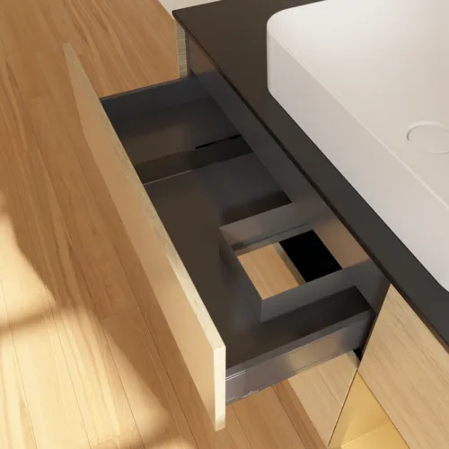 VILLEROY BOCH Toaletní skříňka Finion, s osvětlením, 3 výsuvy, 1200 x 603 x 501 mm, dubová dýha / zlatý matný lak / černé matné sklo #F712HFPC, obrázek 4
