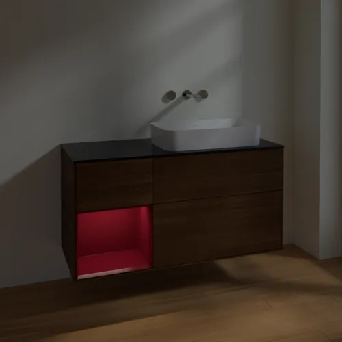 VILLEROY BOCH Toaletní skříňka Finion, s osvětlením, 3 výsuvy, 1200 x 603 x 501 mm, ořechová dýha / matný lak Pivoňka / černé matné sklo #F682HBGN, obrázek 5