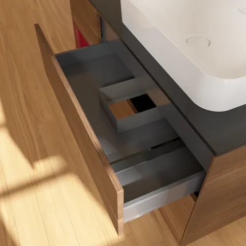 VILLEROY BOCH Toaletní skříňka Finion, s osvětlením, 3 výsuvy, 1200 x 603 x 501 mm, ořechová dýha / matný lak Pivoňka / černé matné sklo #F682HBGN, obrázek 6