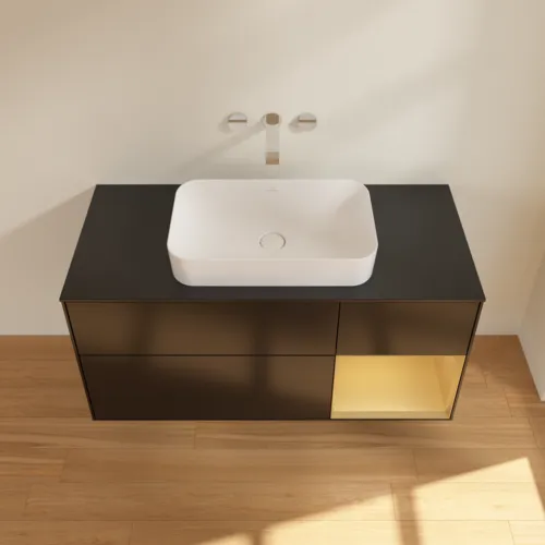 VILLEROY BOCH Toaletní skříňka Finion, s osvětlením, 3 výsuvy, 1200 x 603 x 501 mm, černý matný lak / zlatý matný lak / černé matné sklo #F712HFPD, obrázek 3
