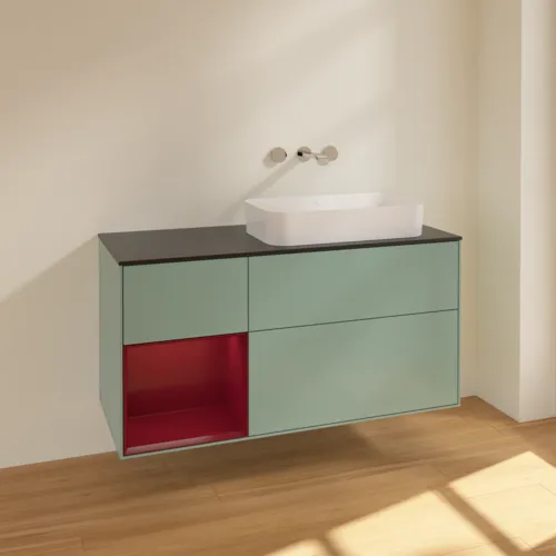 VILLEROY BOCH Toaletní skříňka Finion, s osvětlením, 3 výsuvy, 1200 x 603 x 501 mm, olivový matný lak / pivoňkový matný lak / černé matné sklo #F682HBGM, obrázek 2