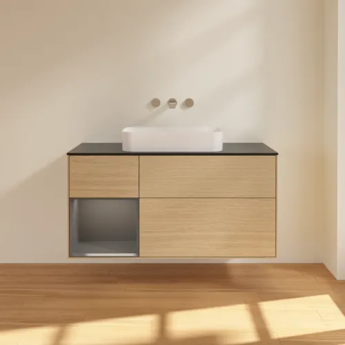 VILLEROY BOCH Toaletní skříňka Finion, s osvětlením, 3 výsuvy, 1200 x 603 x 501 mm, dubová dýha / antracitový matný lak / černé matné sklo #F702GKPC, obrázek 3