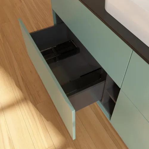 VILLEROY BOCH Toaletní skříňka Finion, 4 výsuvy, 1600 x 603 x 501 mm, olivový matný lak / sklo černé matné #F73200GM, obrázek 6
