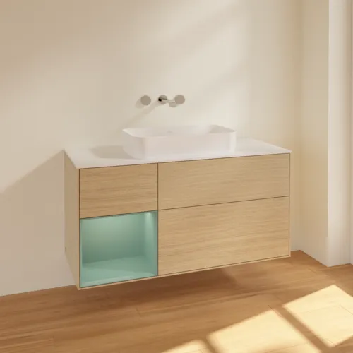 VILLEROY BOCH Toaletní skříňka Finion, s osvětlením, 3 výsuvy, 1200 x 603 x 501 mm, dubová dýha / olivový matný lak / sklo bílé matné #F701GMPC, obrázek 2