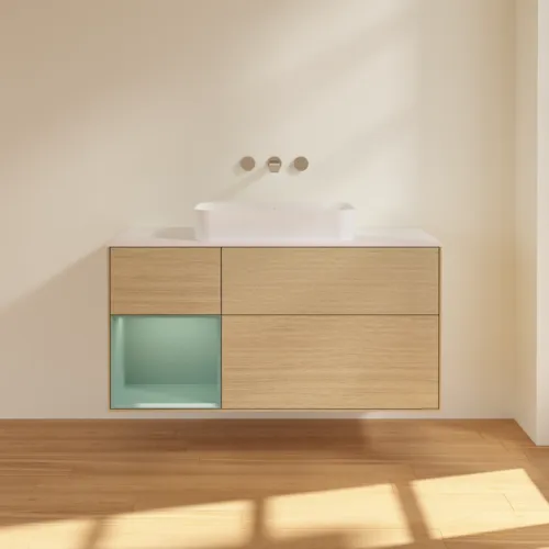VILLEROY BOCH Toaletní skříňka Finion, s osvětlením, 3 výsuvy, 1200 x 603 x 501 mm, dubová dýha / olivový matný lak / sklo bílé matné #F701GMPC, obrázek 3