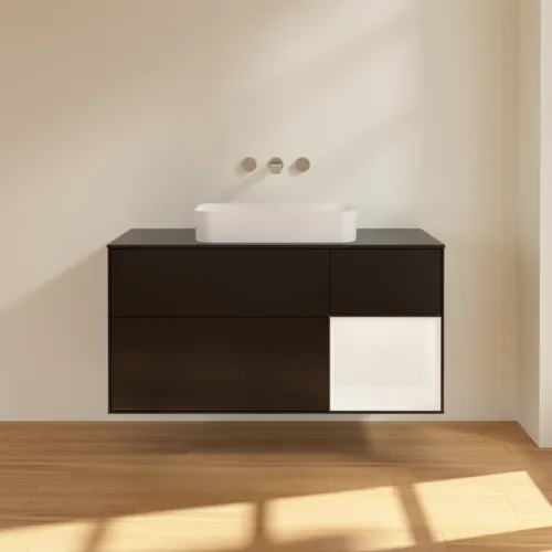 VILLEROY BOCH Toaletní skříňka Finion, s osvětlením, 3 výsuvy, 1200 x 603 x 501 mm, černý matný lak / bílý matný lak / černé matné sklo #F712MTPD, obrázek 3