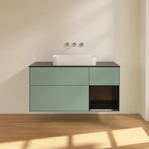 VILLEROY BOCH Toaletní skříňka Finion, s osvětlením, 3 výsuvy, 1200 x 603 x 501 mm, olivový matný lak / černý matný lak / černé matné sklo #F712PDGM, obrázek 2