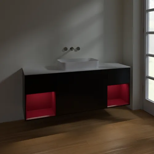 VILLEROY BOCH Toaletní skříňka Finion, s osvětlením, 4 výsuvy, 1600 x 603 x 501 mm, černý matný lak / pivoňkový matný lak / bílé matné sklo #F741HBPD, obrázek 5