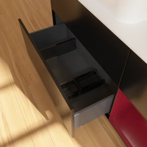 VILLEROY BOCH Toaletní skříňka Finion, s osvětlením, 3 výsuvy, 1200 x 603 x 501 mm, černý matný lak / pivoňkový matný lak / bílé matné sklo #F691HBPD, obrázek 5