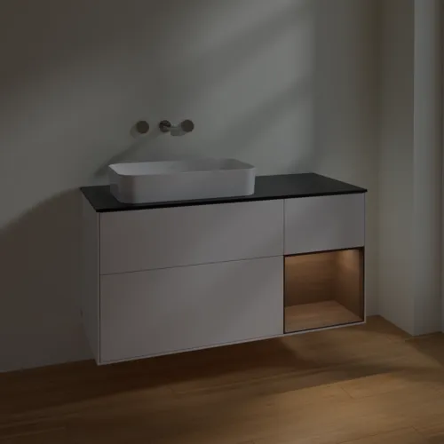 VILLEROY BOCH Toaletní skříňka Finion, s osvětlením, 3 výsuvy, 1200 x 603 x 501 mm, bílý matný lak / ořechová dýha / černé matné sklo #F692GNMT, obrázek 4