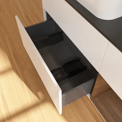 VILLEROY BOCH Toaletní skříňka Finion, s osvětlením, 3 výsuvy, 1200 x 603 x 501 mm, bílý matný lak / ořechová dýha / černé matné sklo #F692GNMT, obrázek 5