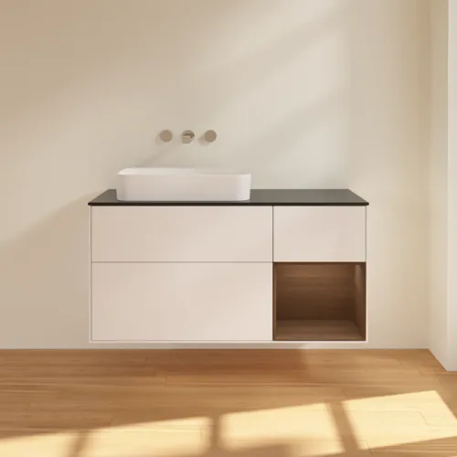 VILLEROY BOCH Toaletní skříňka Finion, s osvětlením, 3 výsuvy, 1200 x 603 x 501 mm, bílý matný lak / ořechová dýha / černé matné sklo #F692GNMT, obrázek 3