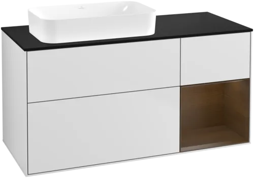VILLEROY BOCH Toaletní skříňka Finion, s osvětlením, 3 výsuvy, 1200 x 603 x 501 mm, bílý matný lak / ořechová dýha / černé matné sklo #F692GNMT