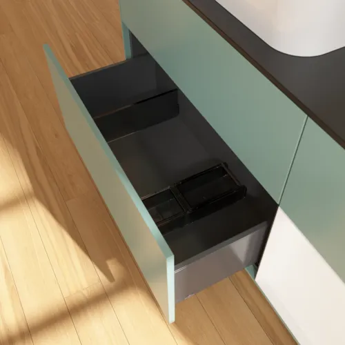 VILLEROY BOCH Toaletní skříňka Finion, s osvětlením, 3 výsuvy, 1200 x 603 x 501 mm, olivový matný lak / bílý matný lak / černé matné sklo #F692MTGM, obrázek 4