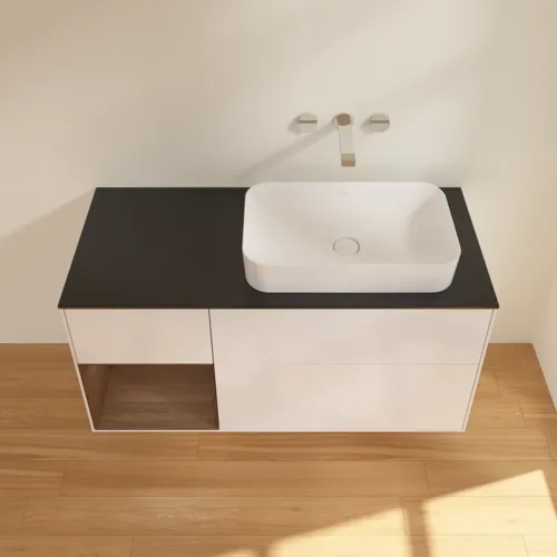VILLEROY BOCH Toaletní skříňka Finion, s osvětlením, 3 výsuvy, 1200 x 603 x 501 mm, lesklý bílý lak / ořechová dýha / černé matné sklo #F682GNGF, obrázek 4