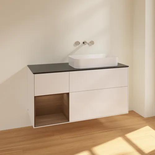 VILLEROY BOCH Toaletní skříňka Finion, s osvětlením, 3 výsuvy, 1200 x 603 x 501 mm, lesklý bílý lak / ořechová dýha / černé matné sklo #F682GNGF, obrázek 2