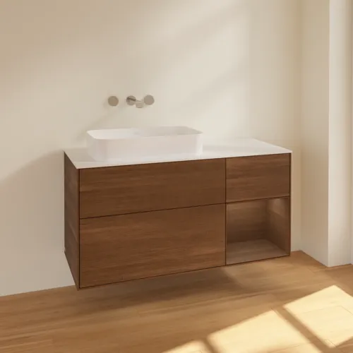 VILLEROY BOCH Toaletní skříňka Finion, s osvětlením, 3 výsuvy, 1200 x 603 x 501 mm, ořechová dýha / ořechová dýha / sklo bílé matné #F691GNGN, obrázek 2