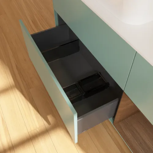 VILLEROY BOCH Toaletní skříňka Finion, s osvětlením, 3 výsuvy, 1200 x 603 x 501 mm, olivový matný lak / ořechová dýha / sklo bílé matné #F691GNGM, obrázek 5