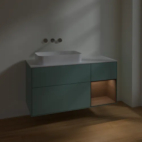 VILLEROY BOCH Toaletní skříňka Finion, s osvětlením, 3 výsuvy, 1200 x 603 x 501 mm, olivový matný lak / ořechová dýha / sklo bílé matné #F691GNGM, obrázek 4