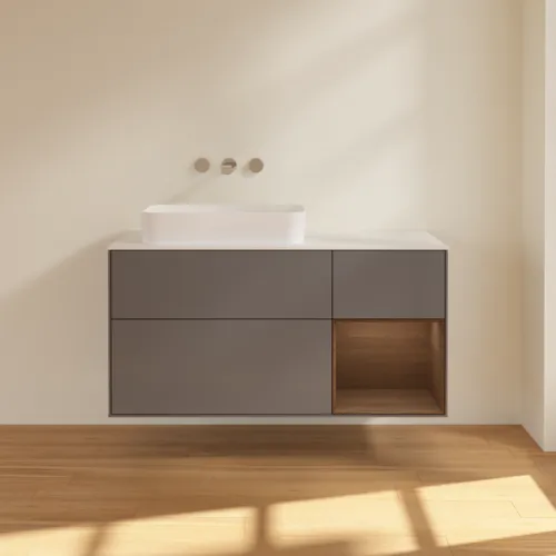 VILLEROY BOCH Toaletní skříňka Finion, s osvětlením, 3 výsuvy, 1200 x 603 x 501 mm, antracit matný lak / ořechová dýha / sklo bílé matné #F691GNGK, obrázek 2