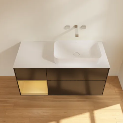 VILLEROY BOCH Toaletní skříňka Finion, s osvětlením, 3 výsuvy, 1200 x 603 x 501 mm, černý matný lak / zlatý matný lak / bílé matné sklo #F681HFPD, obrázek 2
