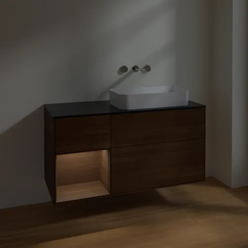 VILLEROY BOCH Toaletní skříňka Finion, s osvětlením, 3 výsuvy, 1200 x 603 x 501 mm, ořechová dýha / ořechová dýha / sklo černé matné #F682GNGN, obrázek 2