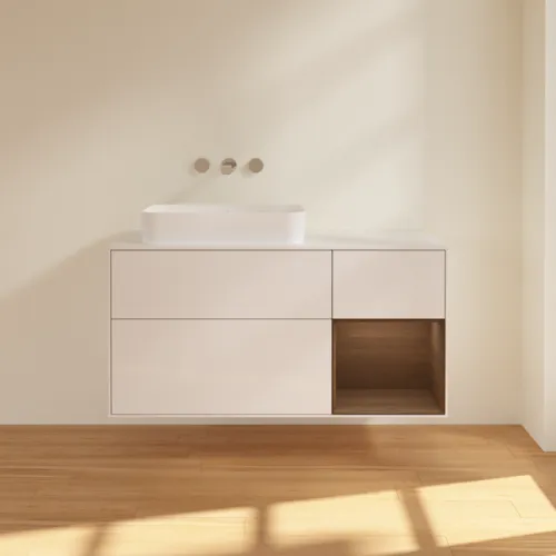 VILLEROY BOCH Toaletní skříňka Finion, s osvětlením, 3 výsuvy, 1200 x 603 x 501 mm, lesklý bílý lak / ořechová dýha / sklo bílé matné #F691GNGF, obrázek 2