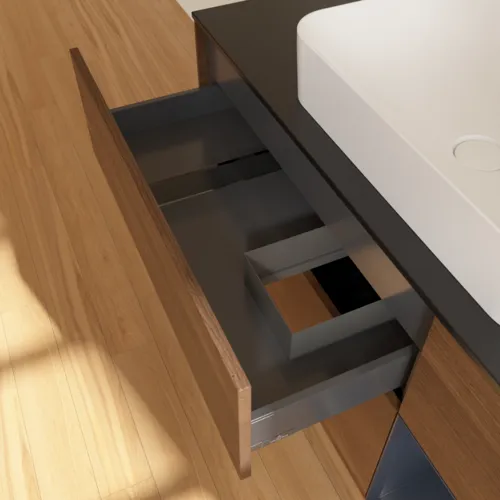 VILLEROY BOCH Toaletní skříňka Finion, s osvětlením, 3 výsuvy, 1200 x 603 x 501 mm, ořechová dýha / půlnočně modrý matný lak / černé matné sklo #F712HGGN, obrázek 4