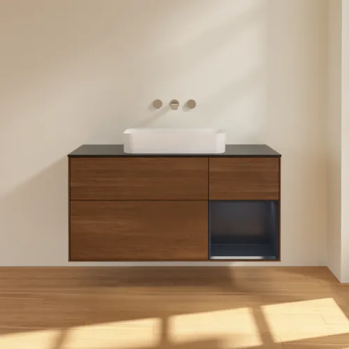 VILLEROY BOCH Toaletní skříňka Finion, s osvětlením, 3 výsuvy, 1200 x 603 x 501 mm, ořechová dýha / půlnočně modrý matný lak / černé matné sklo #F712HGGN, obrázek 2