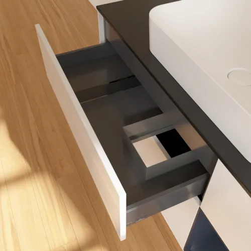 VILLEROY BOCH Toaletní skříňka Finion, s osvětlením, 3 výsuvy, 1200 x 603 x 501 mm, lesklý bílý lak / půlnoční modrý matný lak / černé matné sklo #F712HGGF, obrázek 5