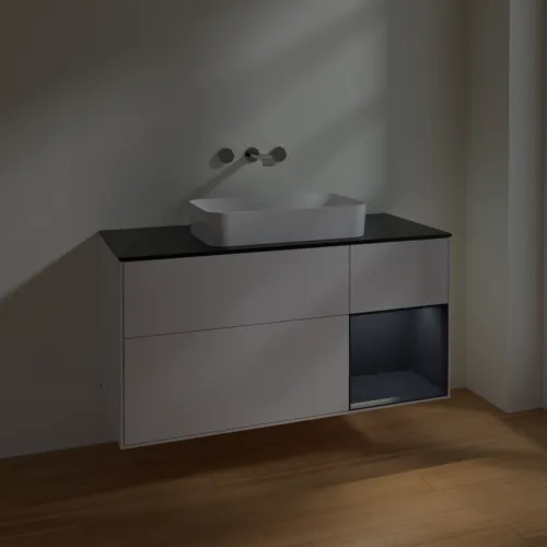 VILLEROY BOCH Toaletní skříňka Finion, s osvětlením, 3 výsuvy, 1200 x 603 x 501 mm, lesklý bílý lak / půlnoční modrý matný lak / černé matné sklo #F712HGGF, obrázek 3