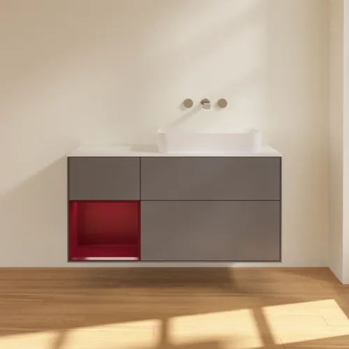 VILLEROY BOCH Toaletní skříňka Finion, s osvětlením, 3 výsuvy, 1200 x 603 x 501 mm, antracitový matný lak / pivoňkový matný lak / bílé matné sklo #F681HBGK, obrázek 3