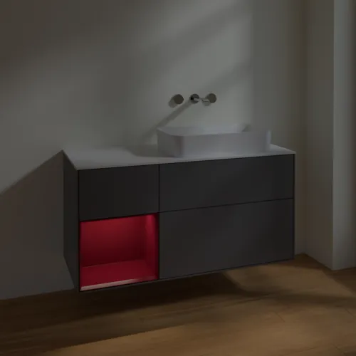 VILLEROY BOCH Toaletní skříňka Finion, s osvětlením, 3 výsuvy, 1200 x 603 x 501 mm, antracitový matný lak / pivoňkový matný lak / bílé matné sklo #F681HBGK, obrázek 5