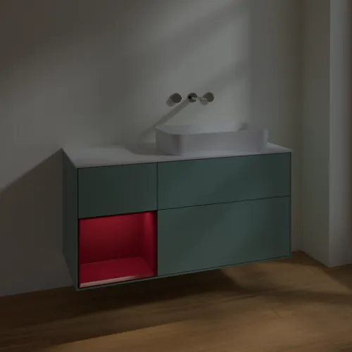 VILLEROY BOCH Toaletní skříňka Finion, s osvětlením, 3 výsuvy, 1200 x 603 x 501 mm, olivový matný lak / pivoňkový matný lak / bílé matné sklo #F681HBGM, obrázek 3