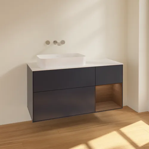 VILLEROY BOCH Toaletní skříňka Finion, s osvětlením, 3 výsuvy, 1200 x 603 x 501 mm, půlnočně modrý matný lak / ořechová dýha / bílé matné sklo #F691GNHG, obrázek 2