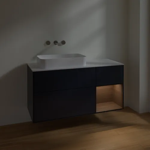VILLEROY BOCH Toaletní skříňka Finion, s osvětlením, 3 výsuvy, 1200 x 603 x 501 mm, půlnočně modrý matný lak / ořechová dýha / bílé matné sklo #F691GNHG, obrázek 4