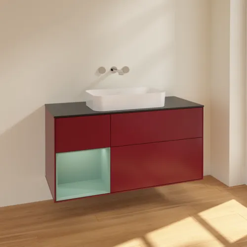 VILLEROY BOCH Toaletní skříňka Finion, s osvětlením, 3 výsuvy, 1200 x 603 x 501 mm, Pivoňka matný lak / Olivový matný lak / Sklo černé matné #F702GMHB, obrázek 2
