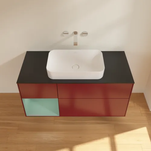 VILLEROY BOCH Toaletní skříňka Finion, s osvětlením, 3 výsuvy, 1200 x 603 x 501 mm, Pivoňka matný lak / Olivový matný lak / Sklo černé matné #F702GMHB, obrázek 3