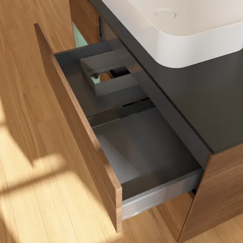 VILLEROY BOCH Toaletní skříňka Finion, s osvětlením, 3 výsuvy, 1200 x 603 x 501 mm, ořechová dýha / olivově matný lak / sklo černé matné #F702GMGN, obrázek 5