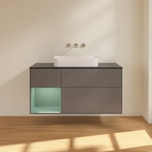 VILLEROY BOCH Toaletní skříňka Finion, s osvětlením, 3 výsuvy, 1200 x 603 x 501 mm, antracitový matný lak / olivový matný lak / černé matné sklo #F702GMGK, obrázek 2