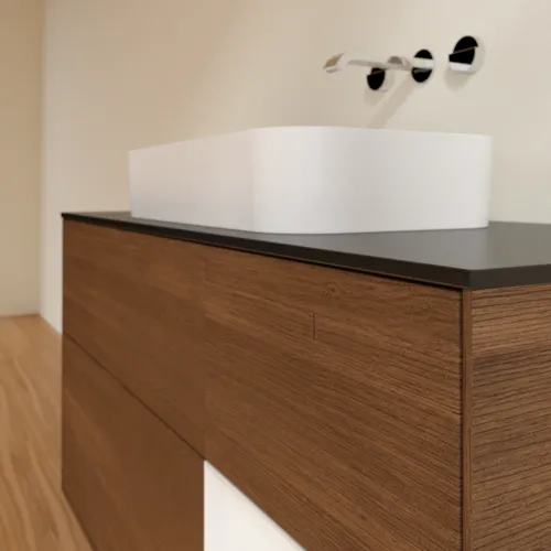 VILLEROY BOCH Toaletní skříňka Finion, s osvětlením, 3 výsuvy, 1200 x 603 x 501 mm, ořechová dýha / lesklý bílý lak / sklo černé matné #F712GFGN, obrázek 3