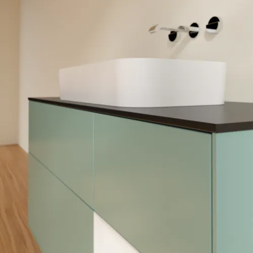 VILLEROY BOCH Toaletní skříňka Finion, s osvětlením, 3 výsuvy, 1200 x 603 x 501 mm, olivový matný lak / lesklý bílý lak / sklo černé matné #F712GFGM, obrázek 3