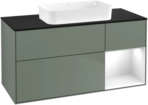 VILLEROY BOCH Toaletní skříňka Finion, s osvětlením, 3 výsuvy, 1200 x 603 x 501 mm, olivový matný lak / lesklý bílý lak / sklo černé matné #F712GFGM