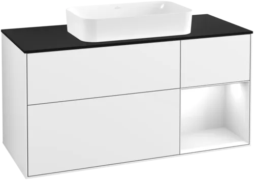 VILLEROY BOCH Toaletní skříňka Finion, s osvětlením, 3 výsuvy, 1200 x 603 x 501 mm, lesklý bílý lak / lesklý bílý lak / sklo černé matné #F712GFGF