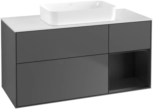VILLEROY BOCH Toaletní skříňka Finion, s osvětlením, 3 výsuvy, 1200 x 603 x 501 mm, antracitový matný lak / černý matný lak / bílé matné sklo #F711PDGK
