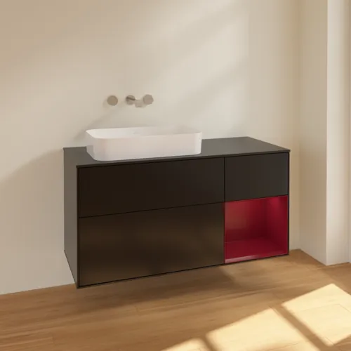 VILLEROY BOCH Toaletní skříňka Finion, s osvětlením, 3 výsuvy, 1200 x 603 x 501 mm, černý matný lak / pivoňkový matný lak / černé matné sklo #F692HBPD, obrázek 2