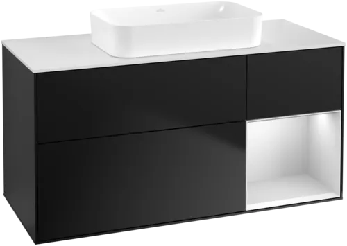VILLEROY BOCH Toaletní skříňka Finion, s osvětlením, 3 výsuvy, 1200 x 603 x 501 mm, černý matný lak / bílý matný lak / bílé matné sklo #F711MTPD
