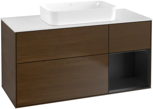 VILLEROY BOCH Toaletní skříňka Finion, s osvětlením, 3 výsuvy, 1200 x 603 x 501 mm, ořechová dýha / černý matný lak / sklo bílé matné #F711PDGN
