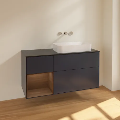 VILLEROY BOCH Toaletní skříňka Finion, s osvětlením, 3 výsuvy, 1200 x 603 x 501 mm, půlnočně modrý matný lak / ořechová dýha / černé matné sklo #F682GNHG, obrázek 2
